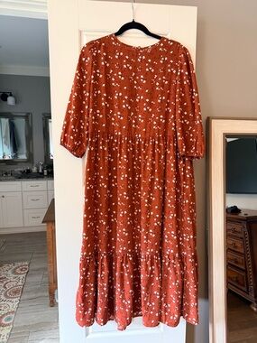 Rust Floral Tiered Midi Dress - Women's Casual Dress